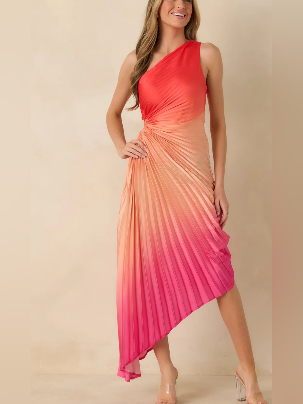 Anthropologie Dress Forum Poetic Coral Pink Asymmetric One Shoulder Dress size S